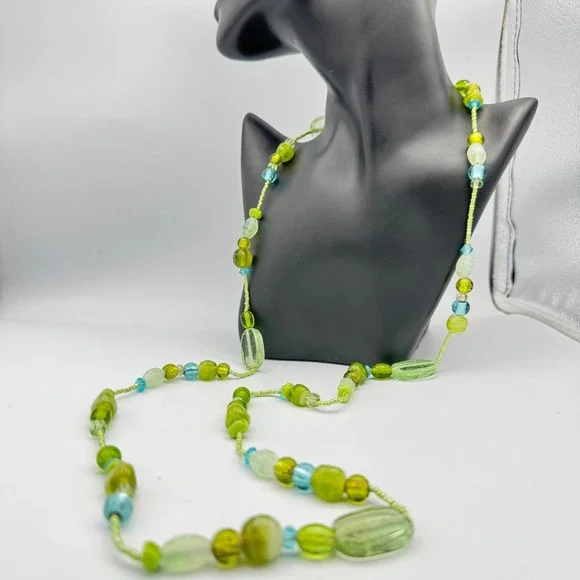 Long Art Glass Bead Strand Necklace Green Turquoise Blue Boho Mixed Media 41 In - Picture 2 of 8